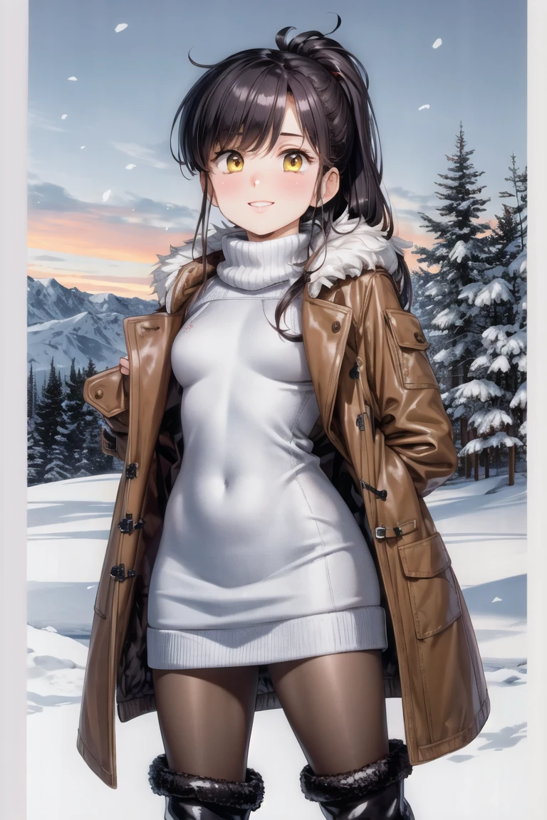 (masterpiece, best quality, beautiful and aesthetic:1.2), 1girl, solo,(soft skin:1.1),standing, cowboy shot,(detailed background), outside, snowstorm in the ice mountains, at dawn, winter clothes, (long overall coat:1.3), turtleneck sweater, (miniskirt:1.3), (long fur leggings:1.3),  (long leather boots:1.3), charming pose, seductive, smiling, yellow eyes, black hair, pony tail,
<lora:urushihara_satoshi-10:1.0:lbw=ALL>