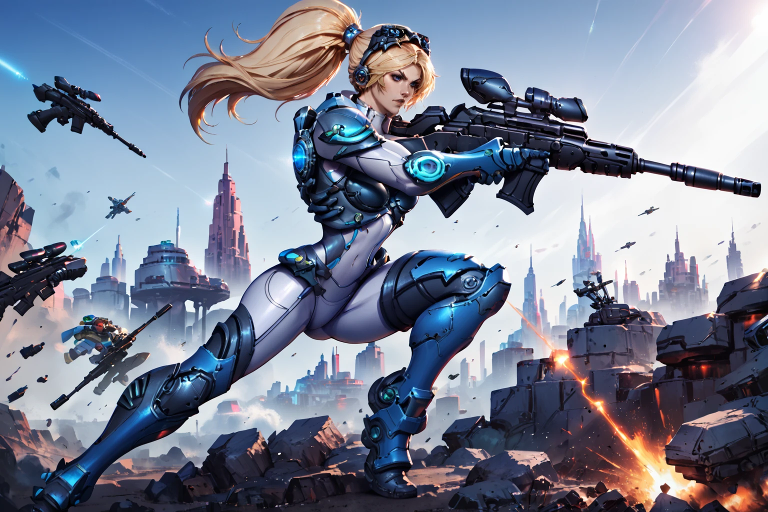 score_9, score_8_up, score_7_up, masterpiece, high quality
 <lora:Nova TerraPony:1> 1girl, long hair, ponytail, goggles on head, bodysuit, breastplate, gauntlets, shoulder armor, neon trim, boots, sniper rifle, aiming, firing, jumping backwards, futuristic setting