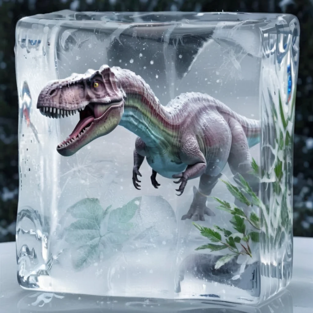 Create a realistic image of Dinosaur frozen inside a block of ice,<lora:iniceblock:0.8>