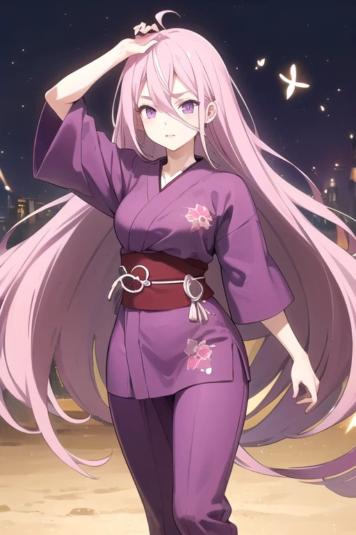 KumiYamagumonoko, 1girl, solo, very long hair, hair between eyes, purple eyes, pink hair, japanese clothes, purple pants