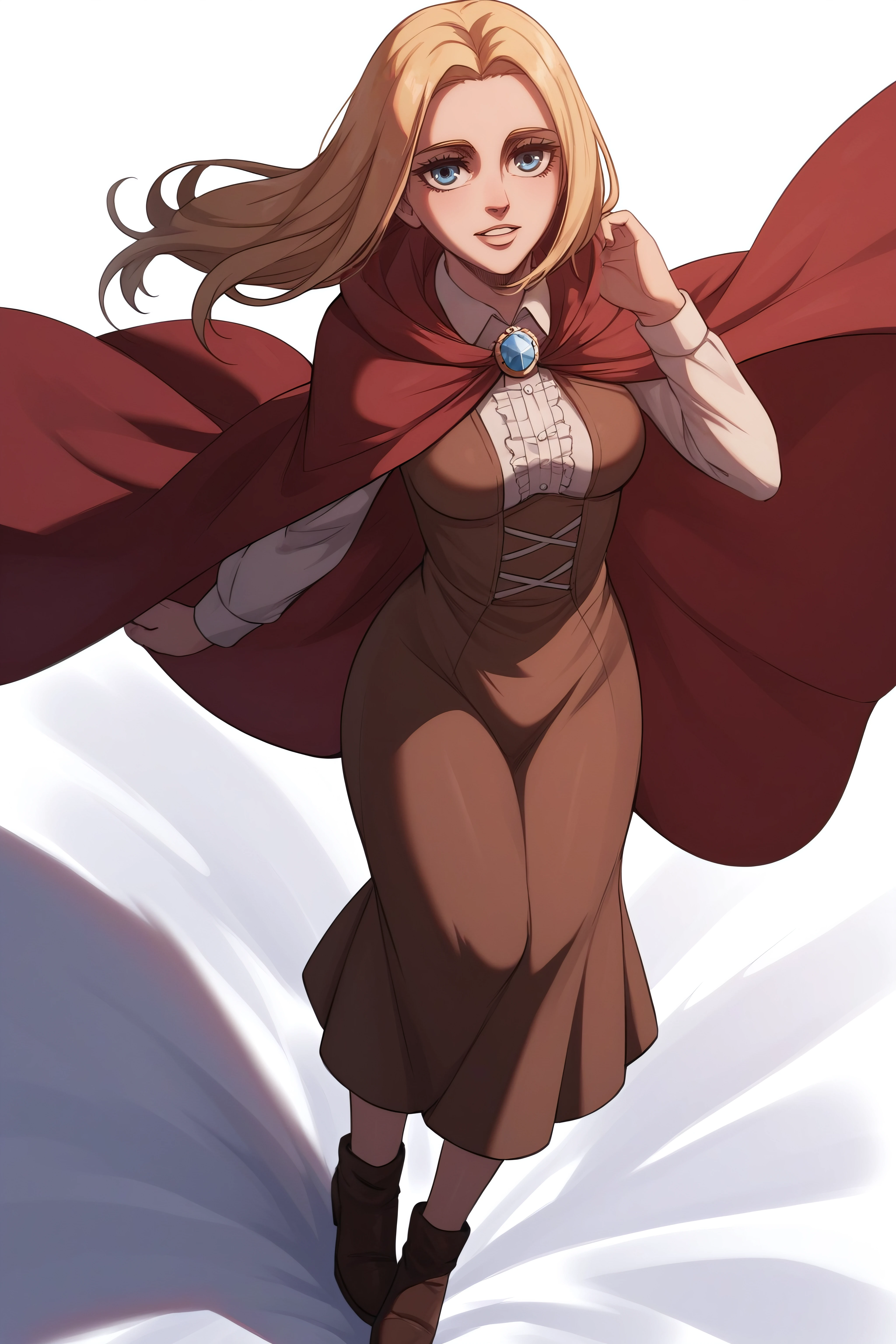 score_9, score_8_up, score_7_up, BREAK source_anime, <lora:historia reiss v2-PonyXL-lora-Faxtron:0.8> historia reiss, medium breasts, long brown dress, red cape, shoes,