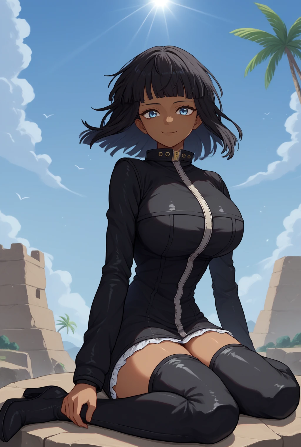 score_9, score_8_up, source_anime  BREAK solo, looking at viewer, cowboy shot, facing viewer, straight-on, 
<lora:NicoRW7PdxlDwnsty-000008:1>, nicorw7, blue eyes, black hair, blunt bangs, medium hair, dark-skinned female, black jacket, long sleeves, zipper, leather jacket, black thighhighs, thigh boots, high heel boots, closed jacket, wariza, w sitting,  <lora:Wariza__Concept_Lora:1>,
curvy, large breasts, bored, smile, 
island, palm tree, stone, blue sky, sunlight, wind,