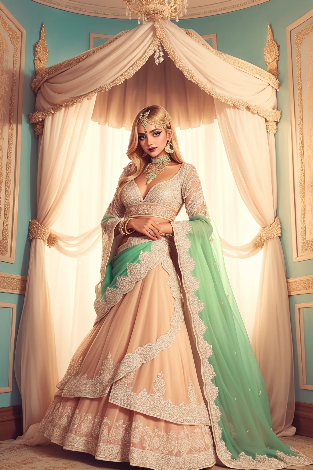 beautiful adult woman, solo, smile <lora:BPL3-46:0.65> vibrant colors,Mythra \(xenoblade\), Bright blonde long hair, chest jewel, (white and gold) dress, glowing green trim accents, layered lehenga, choli, ((dupatta scarf)), dr3ss, embroidered, organza, lace, standing, choker ,see-through sleeves, long sleeves, eyeliner, eyeshadow, makeup, black lips , Royal Victorian Bedroom, A grand four-poster bed draped in luxurious velvet, surrounded by ornate wallpaper and antique furnishings, exuding regal charm., high quality, best quality, high detail, 8k resolution, sharp focus, standing,
