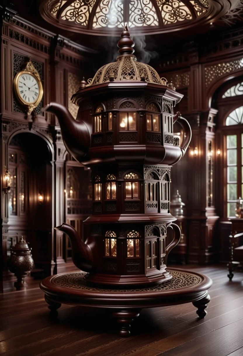 cinematic photo Inside a grand Victorian-style teapot house, a steamy mahogany structure floats in mid-air. The walls are made of dark wood and the floor is covered in intricate patterns that dance around the exterior walls. A small wooden table sits at the base, , 35mm photograph, film, bokeh, professional, 4k, highly detailed,