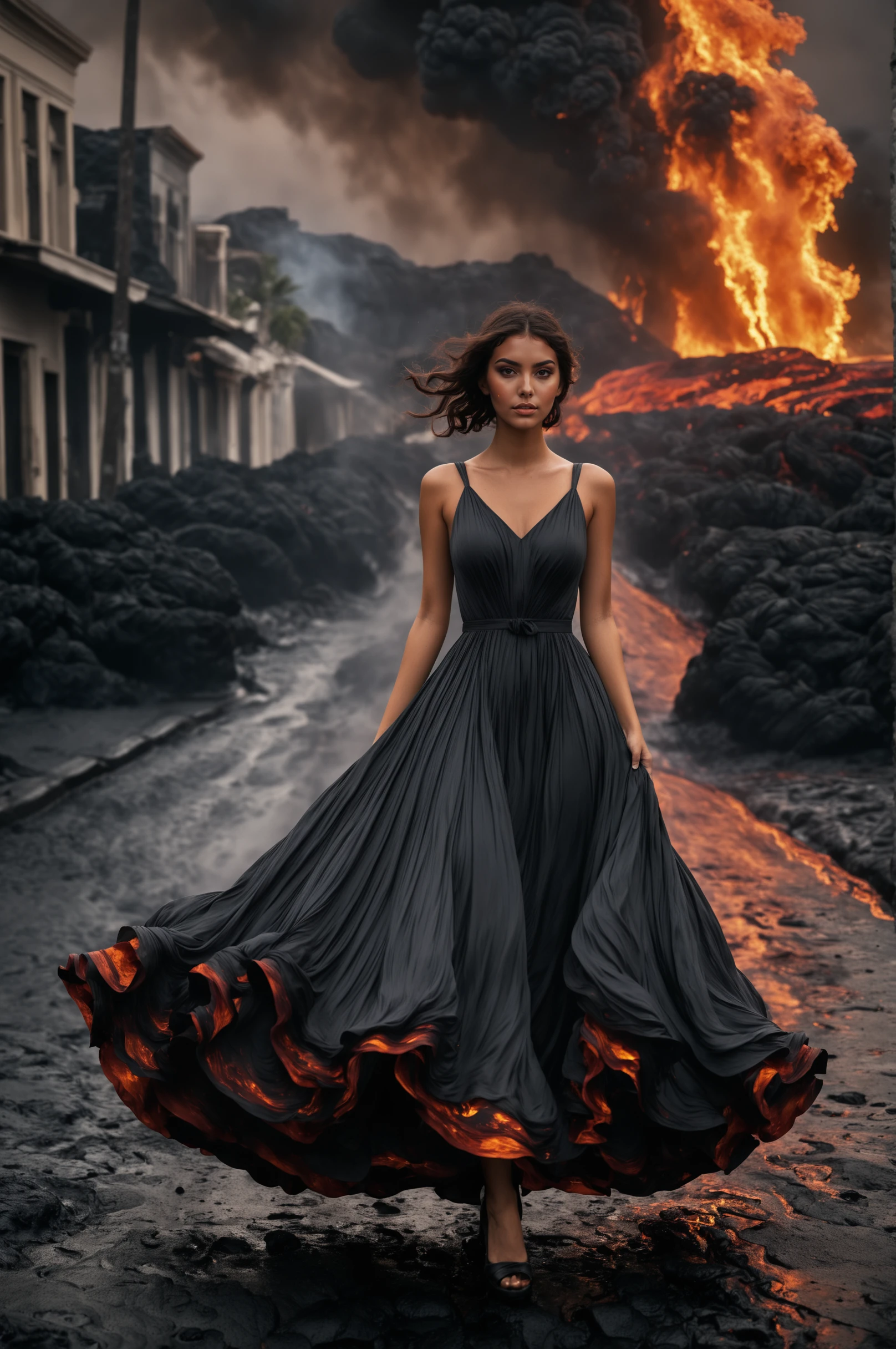 cinematic film still ,Girl in a Lavadress, Backround burning Street in Lava, mystic,  <lora:LavadressXL:0.5>fire Lavadress,  b . shallow depth of field, vignette, highly detailed, high budget, bokeh, cinemascope, moody, epic, gorgeous, film grain, grainy