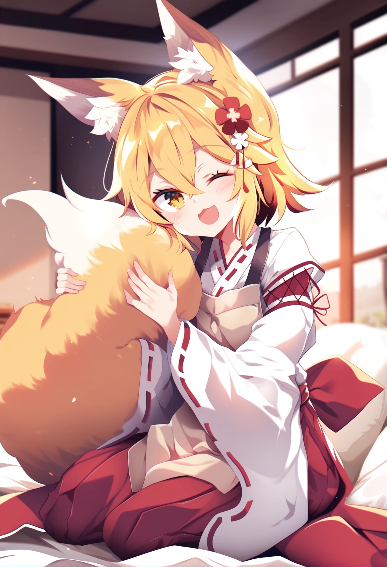 by maturiuta sorato,  by hu dako, best quality, masterpiece, score_9, score_8_up, score_7_up,
1girl, senko \(sewayaki kitsune no senko-san\), animal_ear_fluff, fox girl, fox ears, fox tail, eyelashes, blonde hair, hair flower barrette, miko, red hakama, brown apron, hugging own tail, happy, one eye closed,
indoors, bedroom, sitting on bed