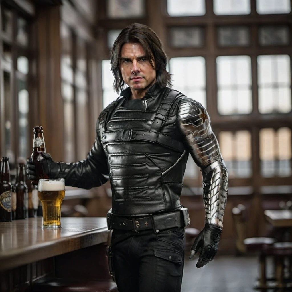 cinematic photo a full body tom cruise with a metalic arm and black leather gloves having a beer in a pub<lora:WinterSoldier1024:0.8> . 35mm photograph, film, bokeh, professional, 4k, highly detailed