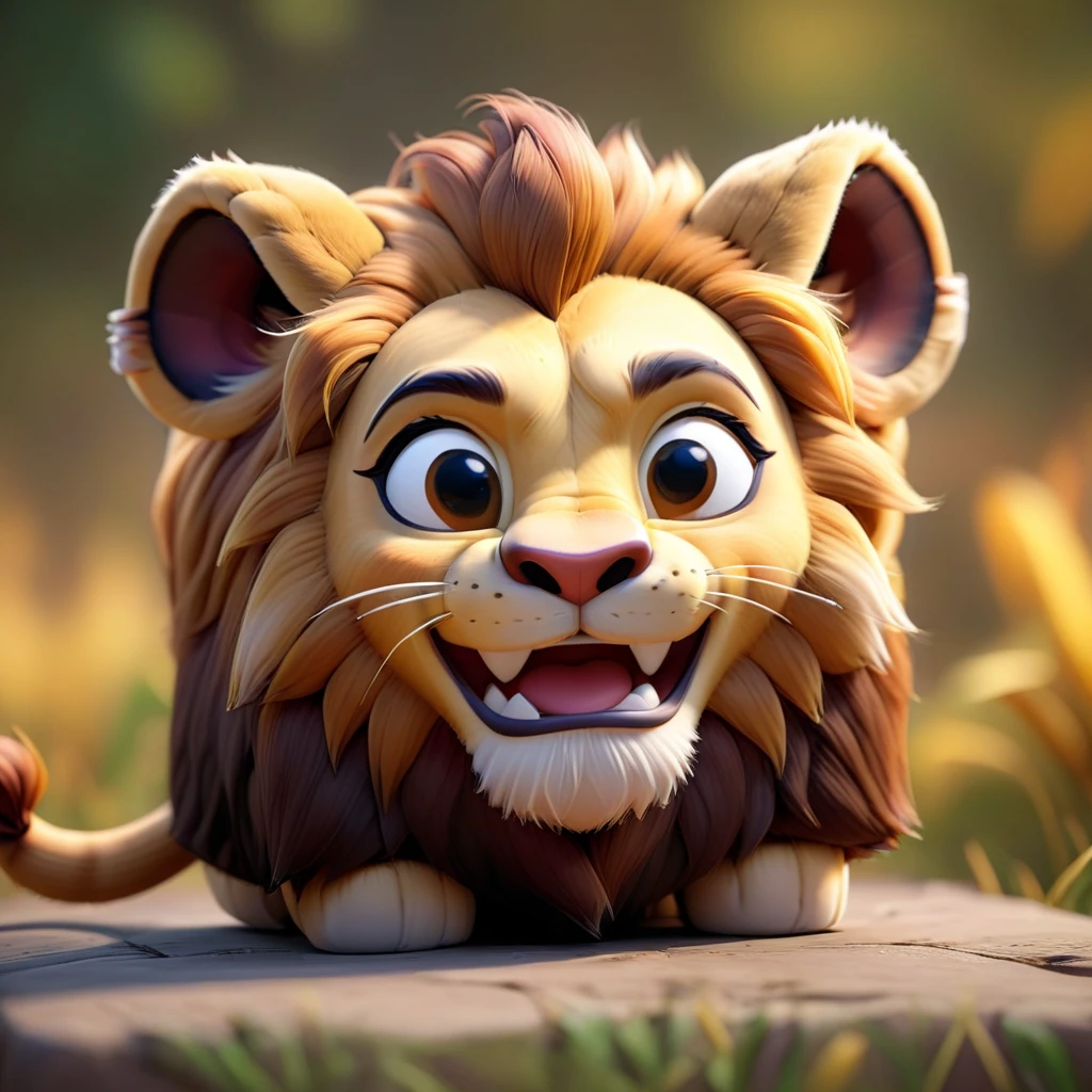 cube-shaped Simba from The Lion King,Disney render, detailed stylized 3d, unreal engine game, happy, cute, smiling, friendly, open mouth, game world, blurry background, (teeth:0.4), beautiful lighting,