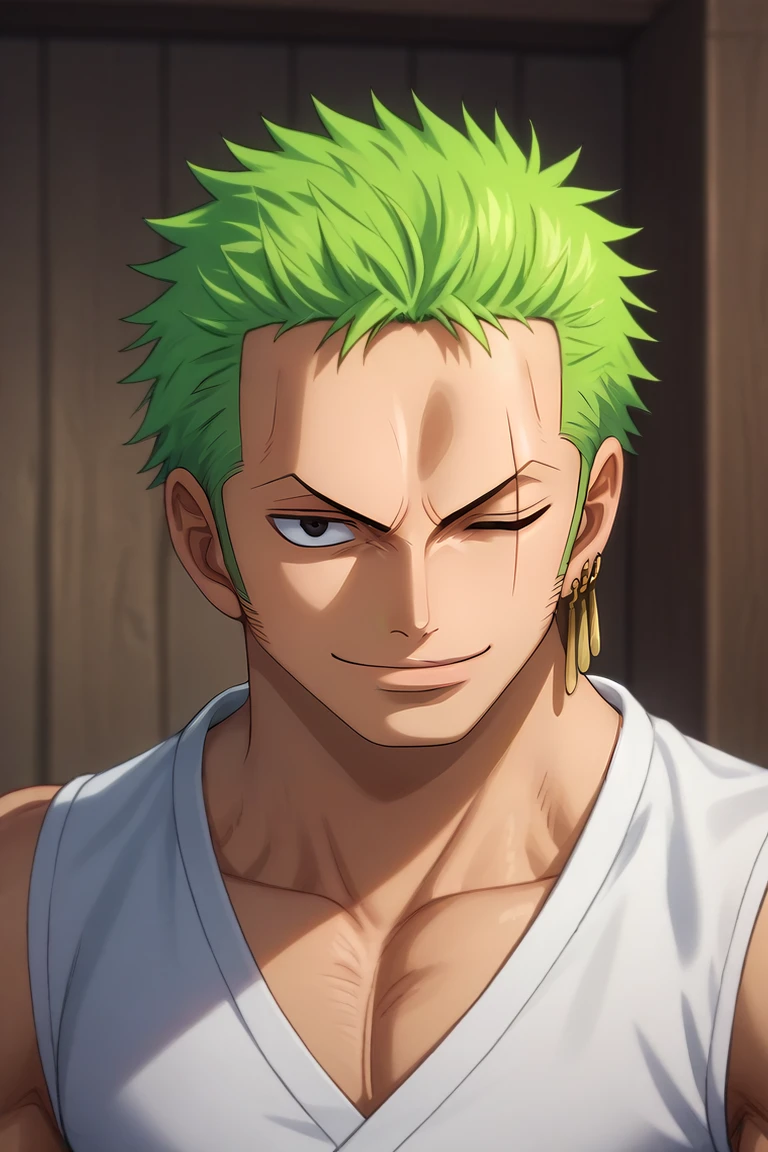 score_9, score_8_up, score_7_up, source_anime, , (realistic:0.6), , , depth of field, 1boy, solo, male focus, <lora:zoro_roronoa_pony:1>, zoro_roronoa, green hair, black eyes, short hair, , earrings, post timeskip, , scar across eye, one eye closed, sideburns, , smile, , , , <lora:sdxl_lightning_8step_lora:1>