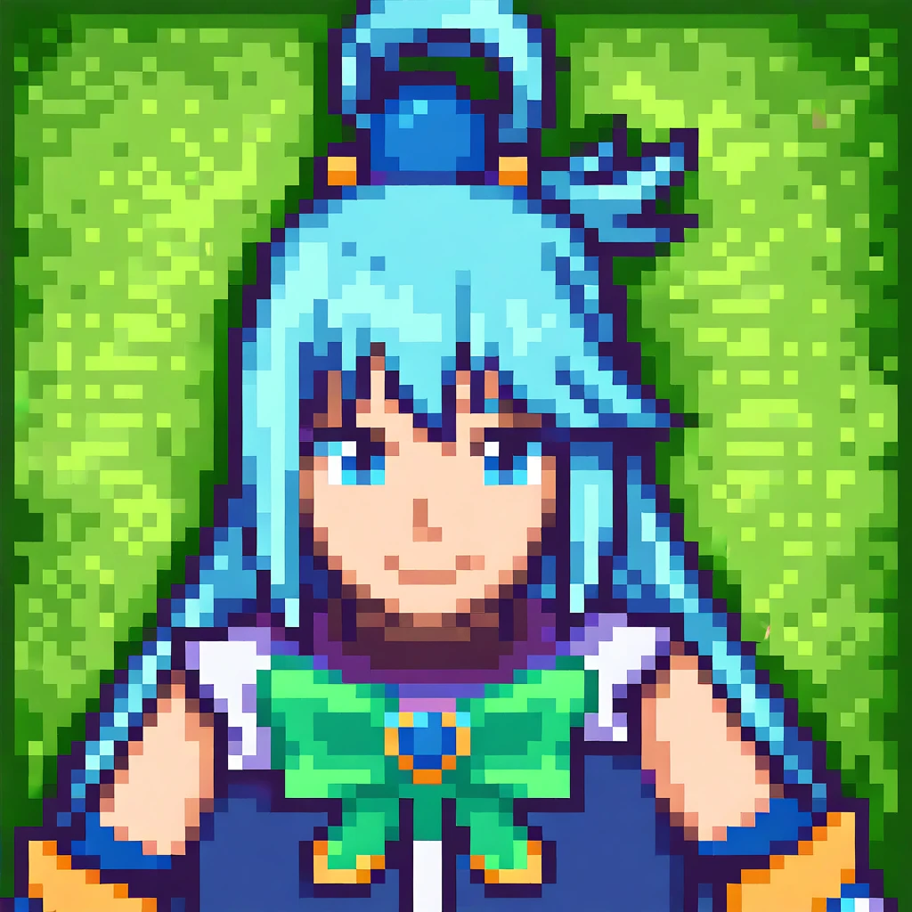 1girl,aqua \(konosuba\),bluw hair,blue eyes,smile,green grass background, portrait , stardewxl,<lora:stardew_valle_portraits_pony-000008:1>