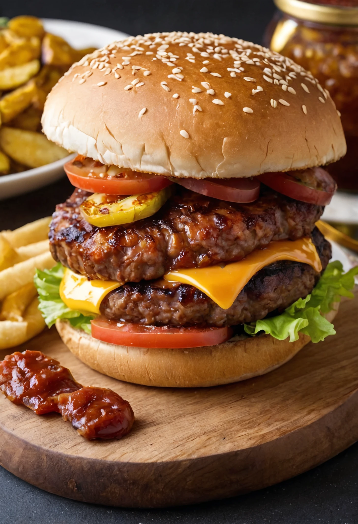hamburguesa de asador, Salsa BBQ, tocino, un filete al lado, plato dorado, Plato de oro, plato de oro