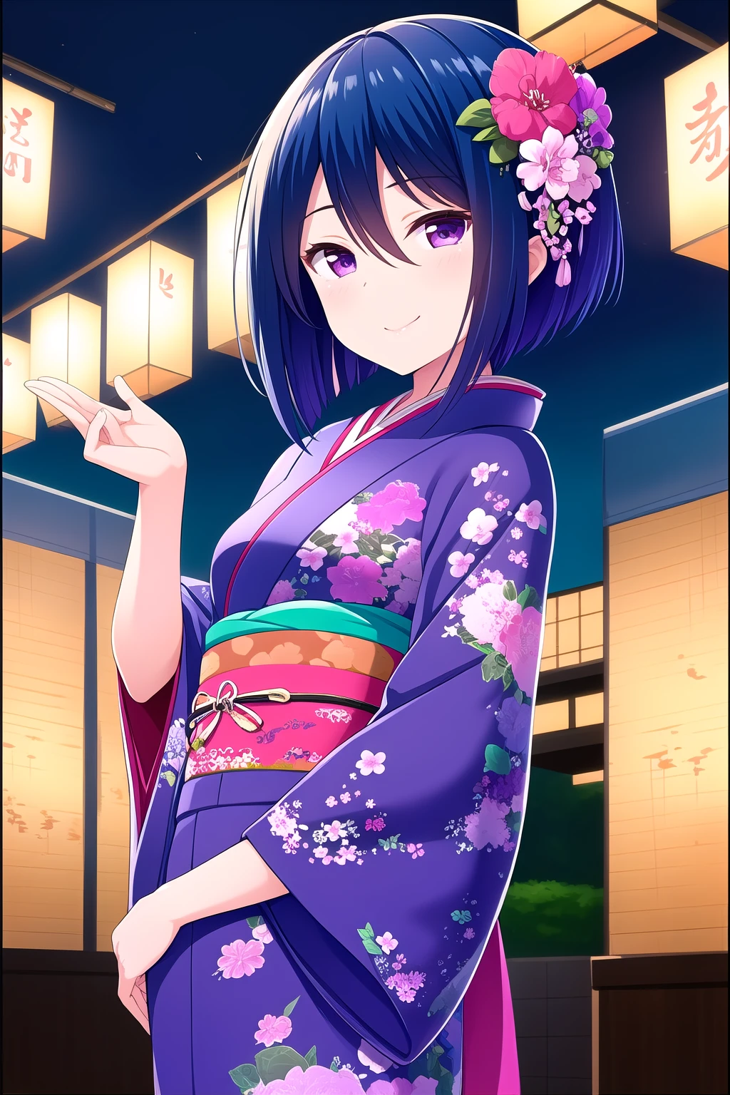 (masterpiece, best quality), highly detailed background, perfect lightingbest quality, hibaraeiko, solo, outdoors, night, summer festival, blue hair, hair flower, hair between eyes, short hair, purple eyes, small breasts, black kimono, floral print, japanese clothes, smile, closed mouth, :), pink lips, <lora:Hibara-Eiko:0.7>