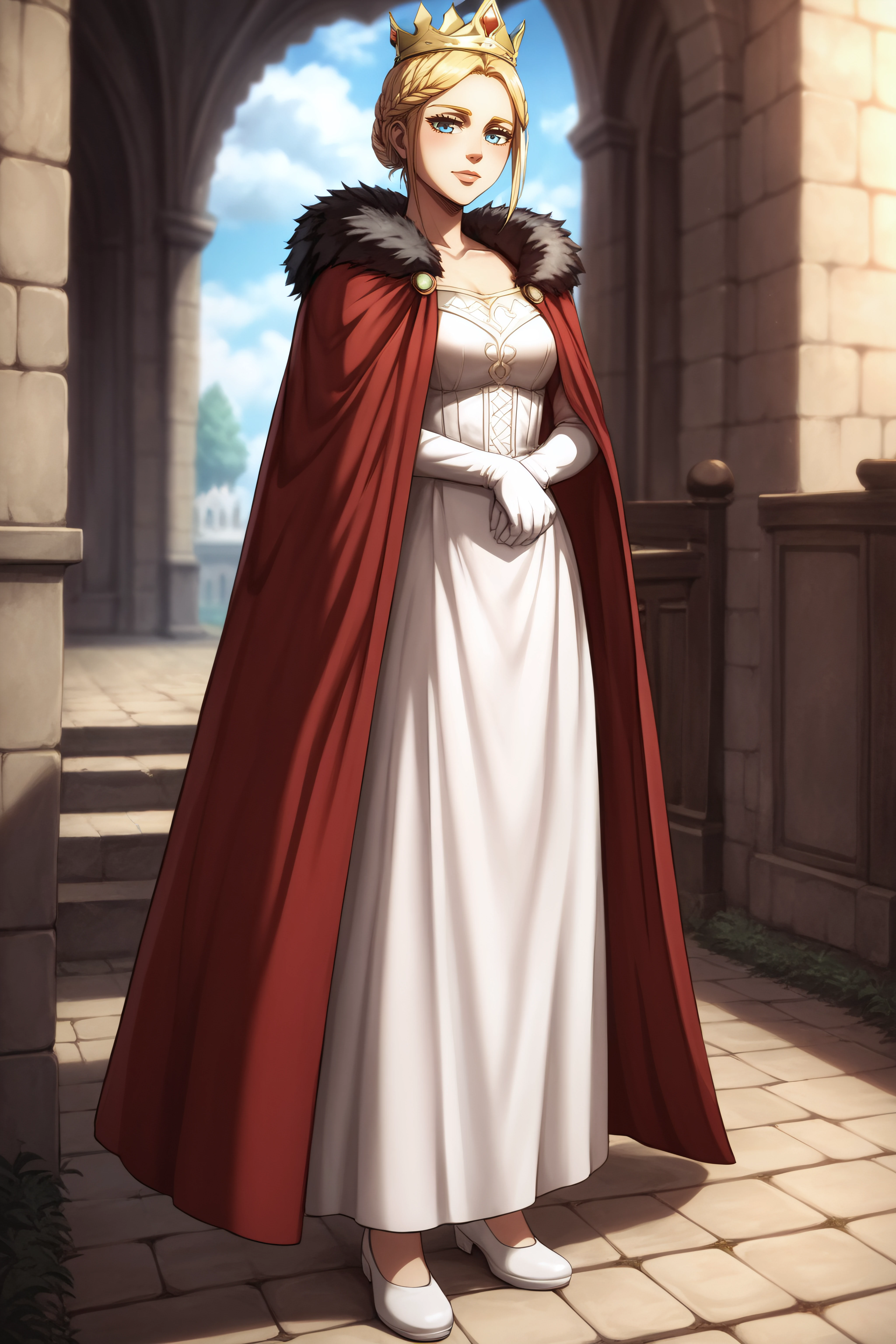 score_9, score_8_up, score_7_up, BREAK source_anime, <lora:historia reiss-PonyXL-lora-Faxtron:0.8> historia reiss, hair bun, medium breasts, long white dress, red cape, fur trim, crown, white shoes,