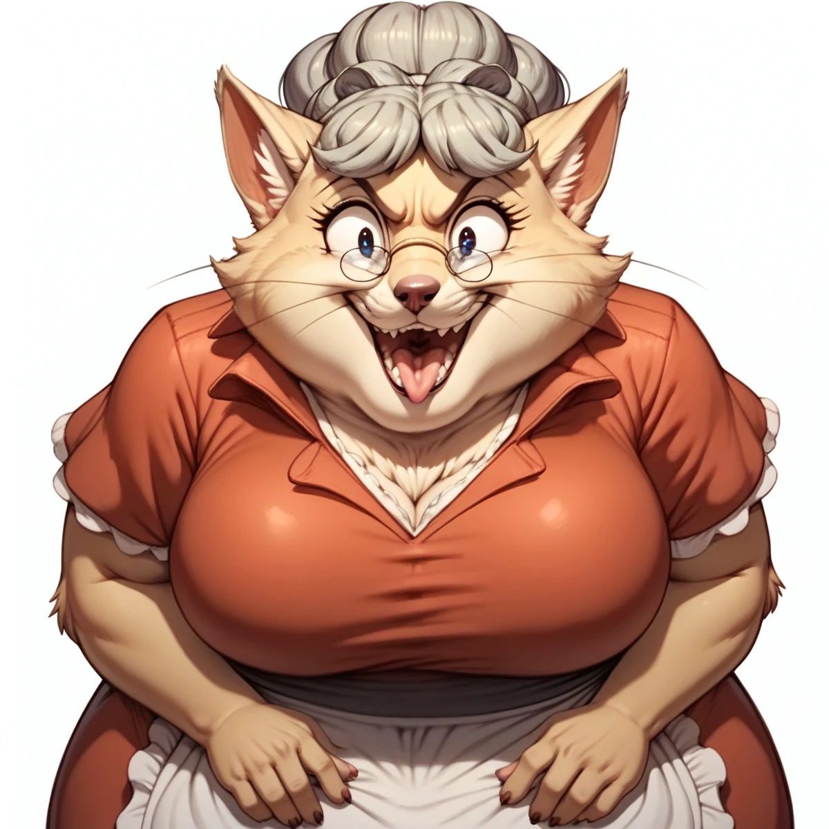 score_9, score_8_up, score_7_up, score_6_up, score_5_up, score_4_up,
source_furry,
masterpiece,
shading,
cartoon,
1girl,
solo,
female,
furry,
furry female,
cat,
feline,
Aunt_Polly, solo, 1girl, apron, glasses, open mouth, furry, fat, smile, buck teeth, round eyewear, whiskers, animal ears, looking at viewer, teeth, simple background, furry female, short sleeves,red dress,
 <lora:Aunt_Polly_Tom_Sawyer_2000_Pony_SDXL:1> aunt_polly, dumb,
confused,
teeth,
tongue out,