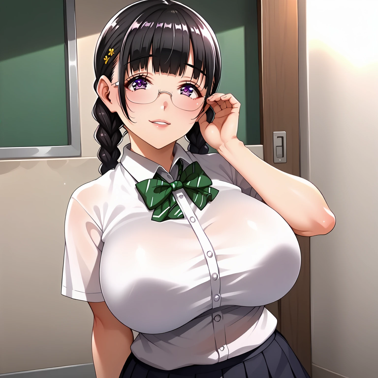 <lora:YuiTachibanaXLpony001>,looking at viewer,smile,parted lips,
solo,
YuiTachibana,1girl,black hair,braids,eyewear,purple eyes,large breasts,
white shirt,green bowtie,
pleated skirt,thigh,
standing,