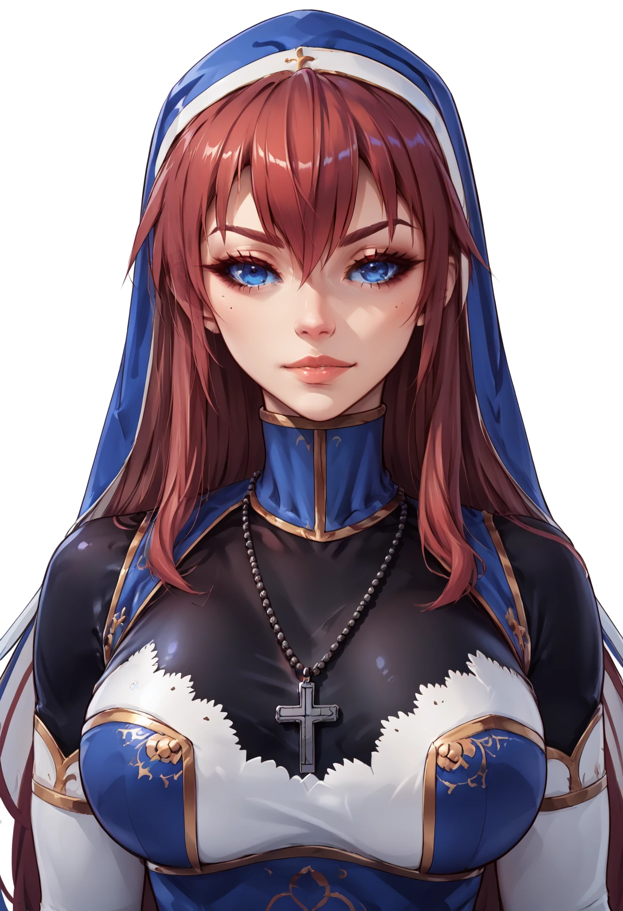 score_9, score_8_up, score_7_up, score_6_up, score_5_up, score_4_up, source_anime,  BREAK
,portrait,, 1girl,battleNun, cross necklace, habit, red hair, blue eyes, <lora:battleNunPony:1>, large breasts, 
simple background, white background