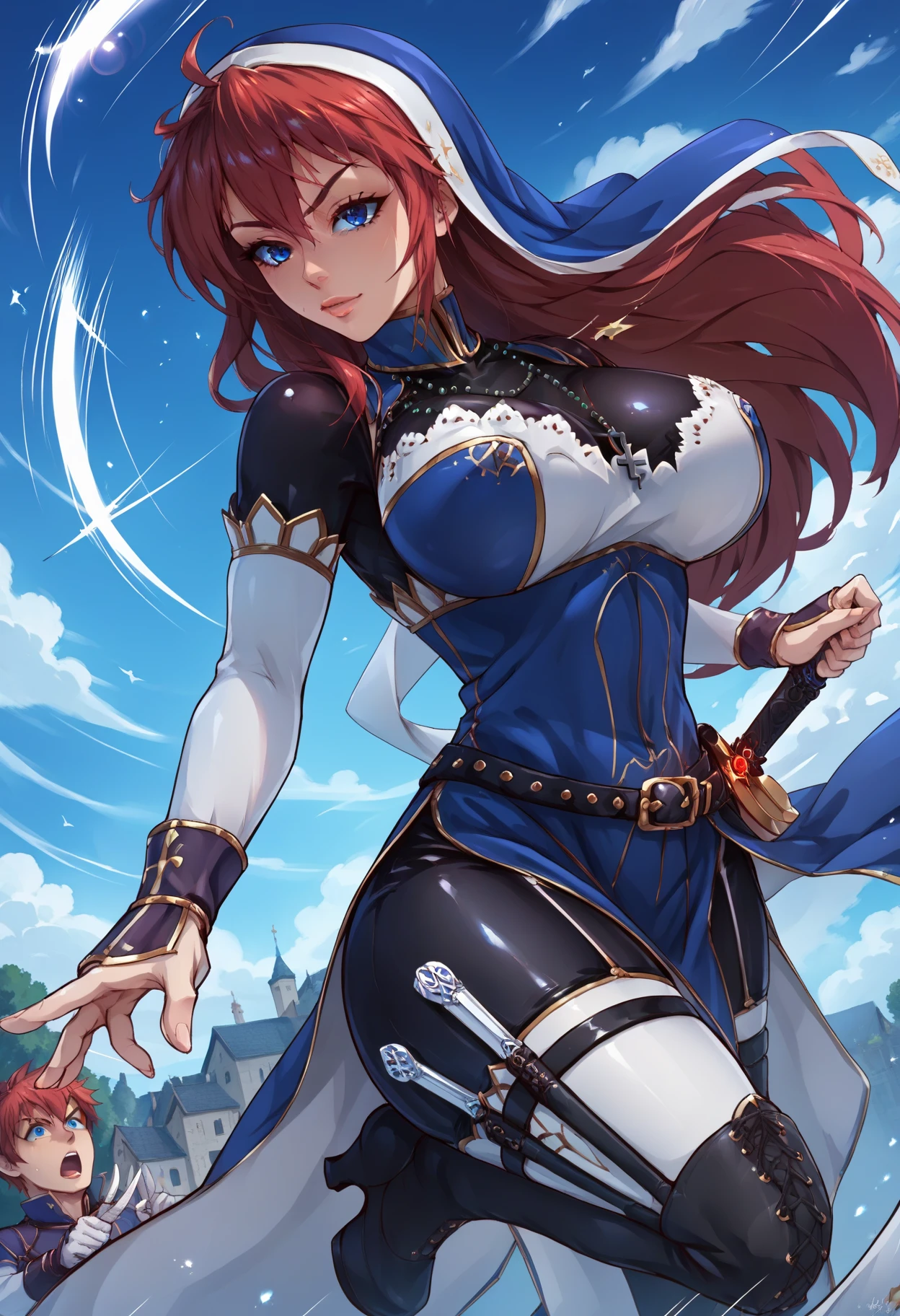 score_9, score_8_up, score_7_up, score_6_up, score_5_up, score_4_up, source_anime,  BREAK
,full boy dynamic pose, holding a dagger, speed lines,, 1girl,battleNun, cross necklace, habit, red hair, blue eyes, <lora:battleNunPony:1>, large breasts,  in a medieval courtyard,