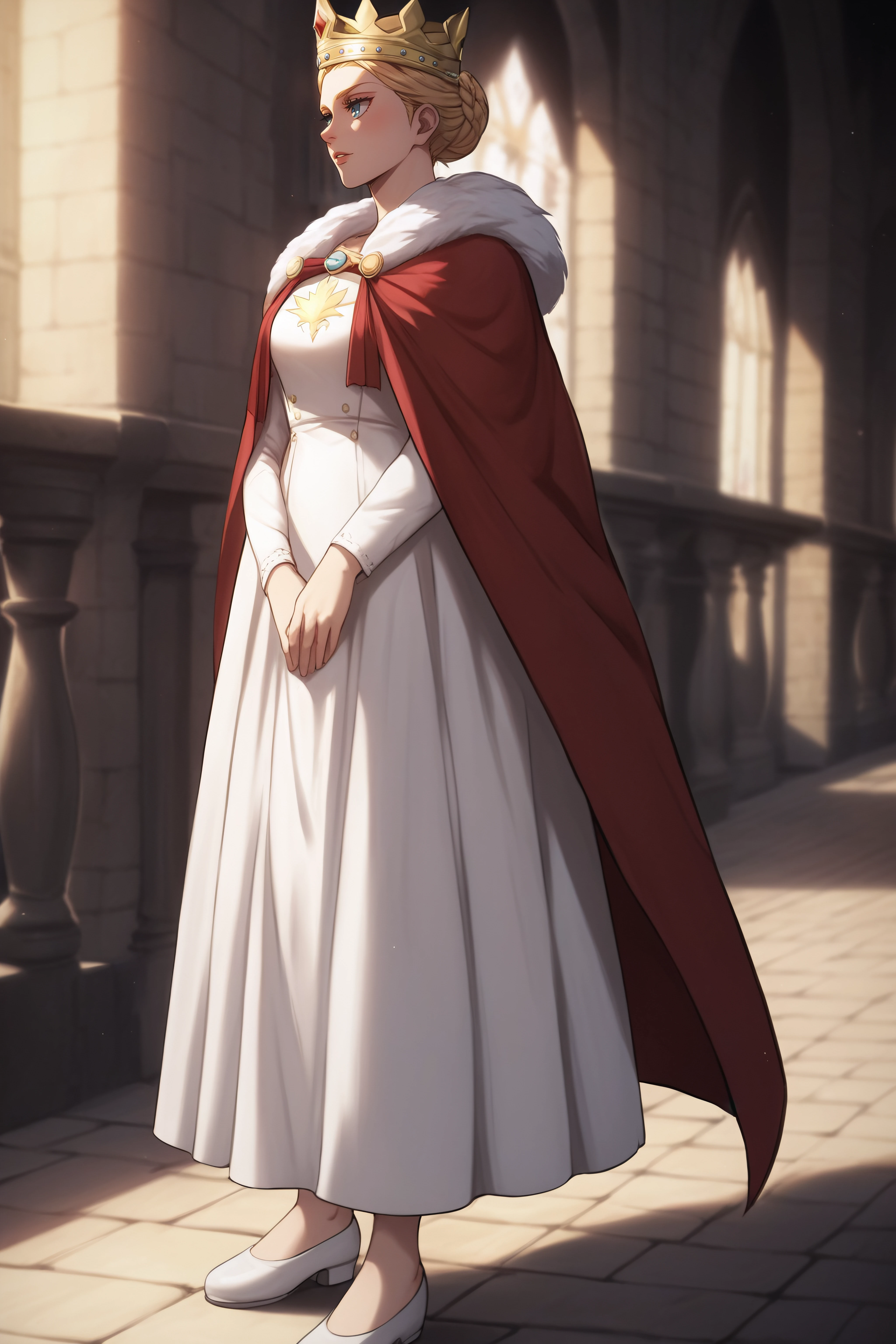 score_9, score_8_up, score_7_up, BREAK source_anime, <lora:historia reiss-PonyXL-lora-Faxtron:0.8> historia reiss, hair bun, medium breasts, long white dress, red cape, fur trim, crown, white shoes,