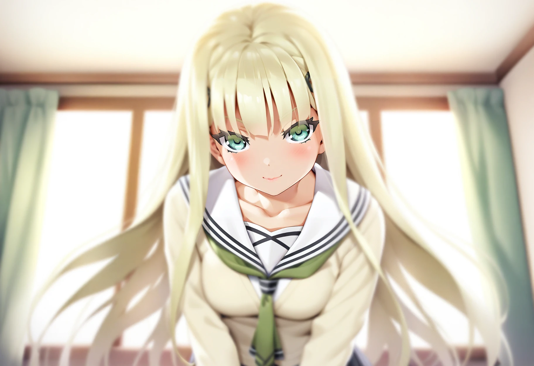 kannagi yuuri, 1girl, long hair, blonde hair, solo, school uniform, green eyes, blush, looking at viewer, smile, serafuku, collarbone, lips, aqua eyes, cowboy shot,
masterpiece,best quality