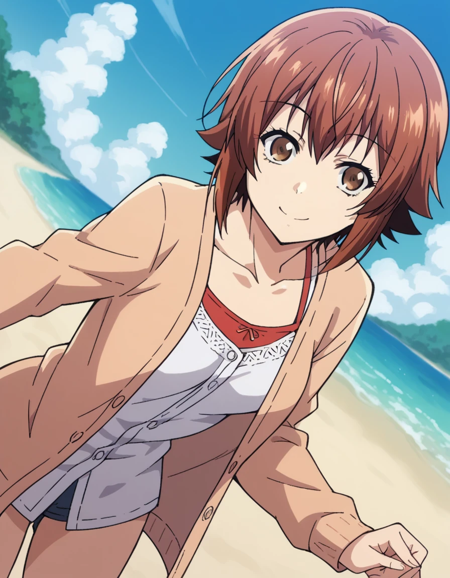 score_9, score_8_up, score_7_up, source_anime,
chisakotegawa, <lora:chisa-kotegawa-s1-ponyxl-lora-nochekaiser:1>,
chisa kotegawa, short hair, bangs, brown hair, brown eyes,
shirt, long sleeves, collarbone, white shirt, open clothes, cardigan, open cardigan,
outdoors, beach, bent over, smile,
looking at viewer, dutch angle, cowboy shot, solo,