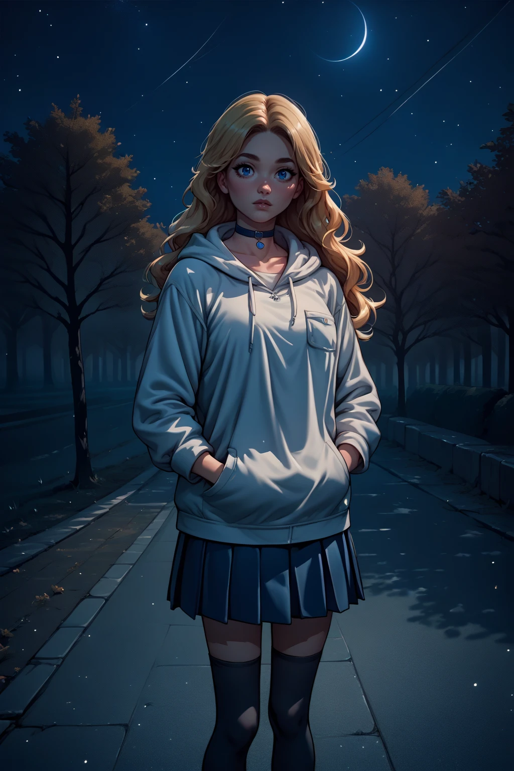 source_anime, score_9, score_8_up, score_9, 1girl, solo, <lora:NSHaleyStardew:1> NSHaleyStardew, long hair, blonde hair, blue eyes, white hoodie, skirt, black thighhighs, hands in pockets, outdoors, night, choker