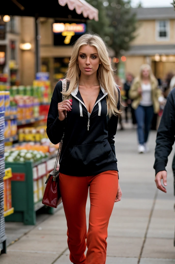 tv_Heather_Rae_Young_TV, , , bored expression, wearing a hoodie, wearing yoga pants, wearing sneakers, in a supermarket, walking towards the camera, looking down,, 8k resolution, highres, high detail, sharp focus, detailed skin, 8k uhd, bokeh, analog photography