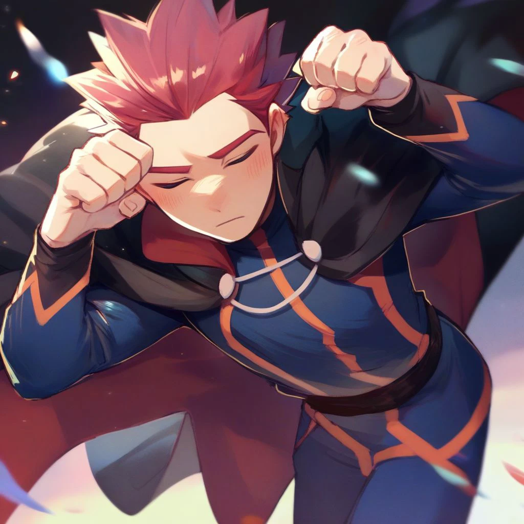 score_9,score_8_up,score_7_up,score_6_up,score_5_up,score_4_up, solo, 1boy, male focus, red hair, spiked hair, , blue bodysuit, long sleeves, black cape, paw pose, closed eyes, :o, blush, cute