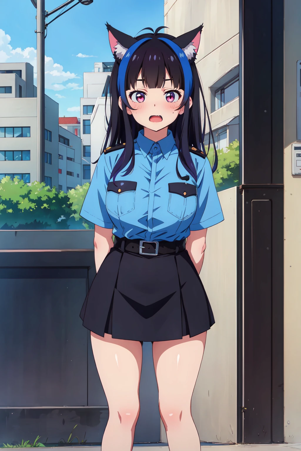 ((masterpiece, highest quality:1.2)),nsfw,1woman,18 year old beauty、solo,ponytail hair,dark purple hair,(very small head),blush,tears,slender and long body,skinny,medium breasts,Being sexually stimulated:1.3,sweat,oily skin,shiny skin,sweat,Police uniform light blue collared shirt,Short sleeve、A tight black mini skirt rolled up to the waist:1.3、no panties,vagina,Dripping love juice:1.3、On Patrol、walk、on street,bustling street、Tokyo、