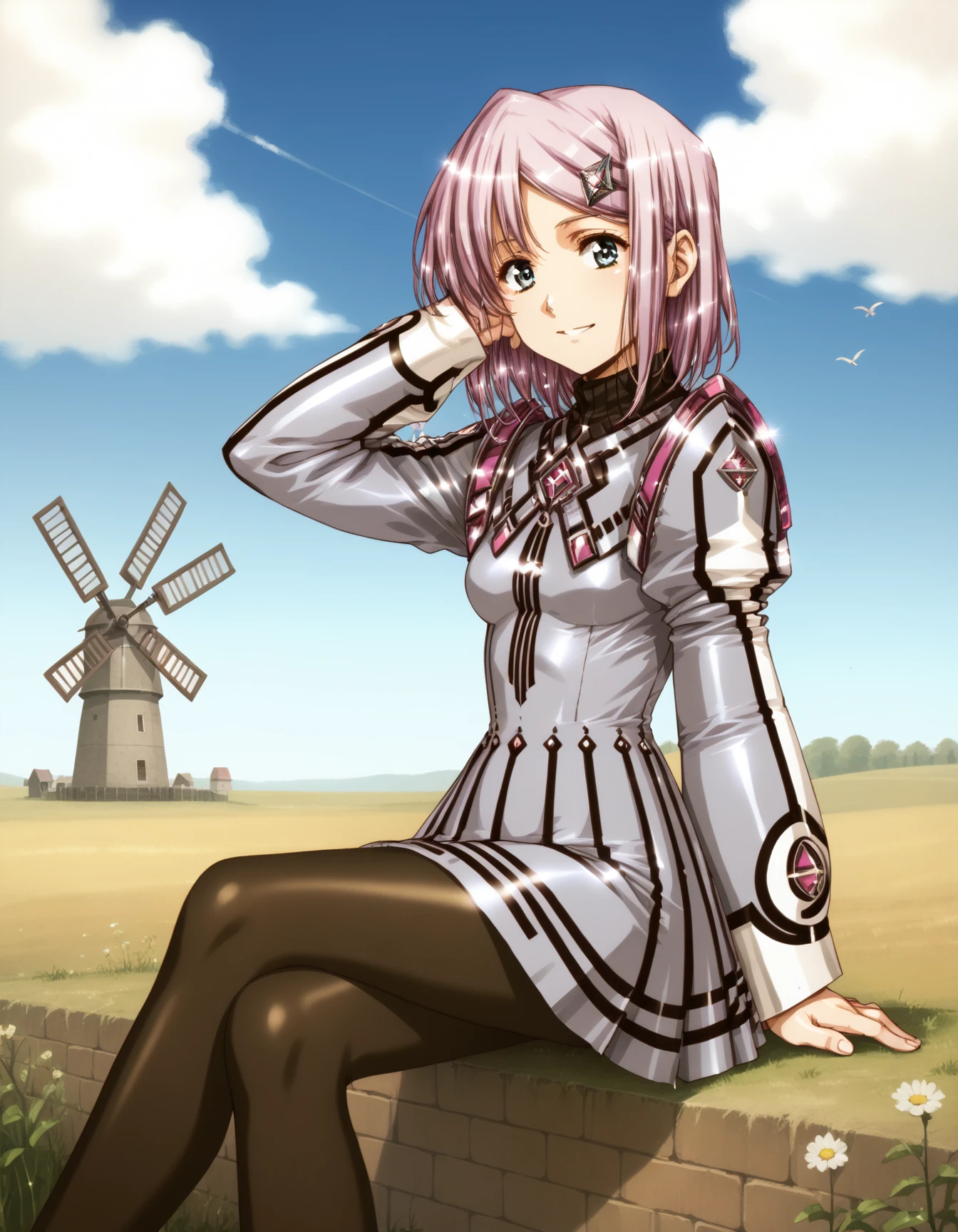 score_9,  score_8_up, score_7_up <lora:neilis-ponyxl-000024:1> neilis, hairclip, turtleneck, dress, pantyhose,
1girl, sitting, hand in own hair, light smile, field, blue sky, windmill