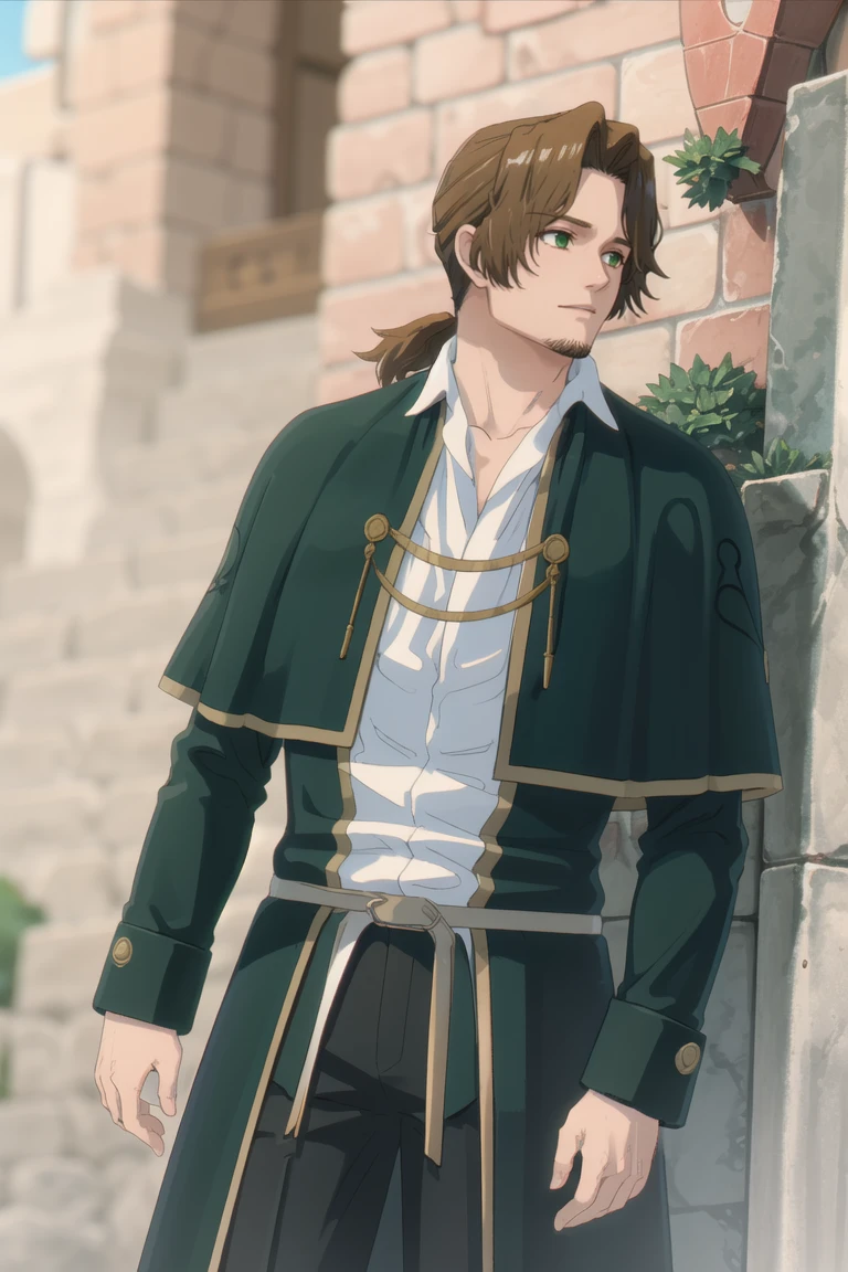 solo male, Sein \(Frieren: Beyond Journey's End\), priest, brown hair, low ponytail, parted bangs, thin hair, stubble, green eyes, white collared shirt, shirt white hems, dark coat with a golden accent, dark capelet, dark sleeves, black pants, black footwear. open coat, mature, handsome, charming, alluring, standing, upper body, perfect anatomy, perfect proportions, best quality, masterpiece, high_resolution, dutch angle, cowboy shot, photo background,Sein<lora:EMS-360624-EMS:0.800000>, <lora:EMS-498-EMS:0.800000>