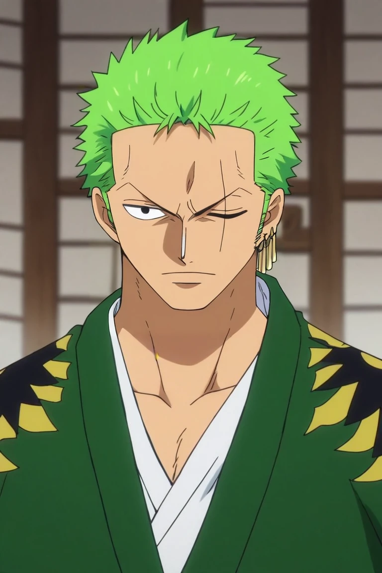 score_9, score_8_up, score_7_up, source_anime, , anime screencap, , , looking at viewer, upper body, , 1boy, solo, male focus, <lora:zoro_roronoa_pony:0.78>, zoro_roronoa, green hair, black eyes, short hair, post timeskip, wano country arc, chonmage, japanese clothes, green kimono, scar across eye, one eye closed, , , The Shattering Isles, , <lora:sdxl_lightning_8step_lora:1>