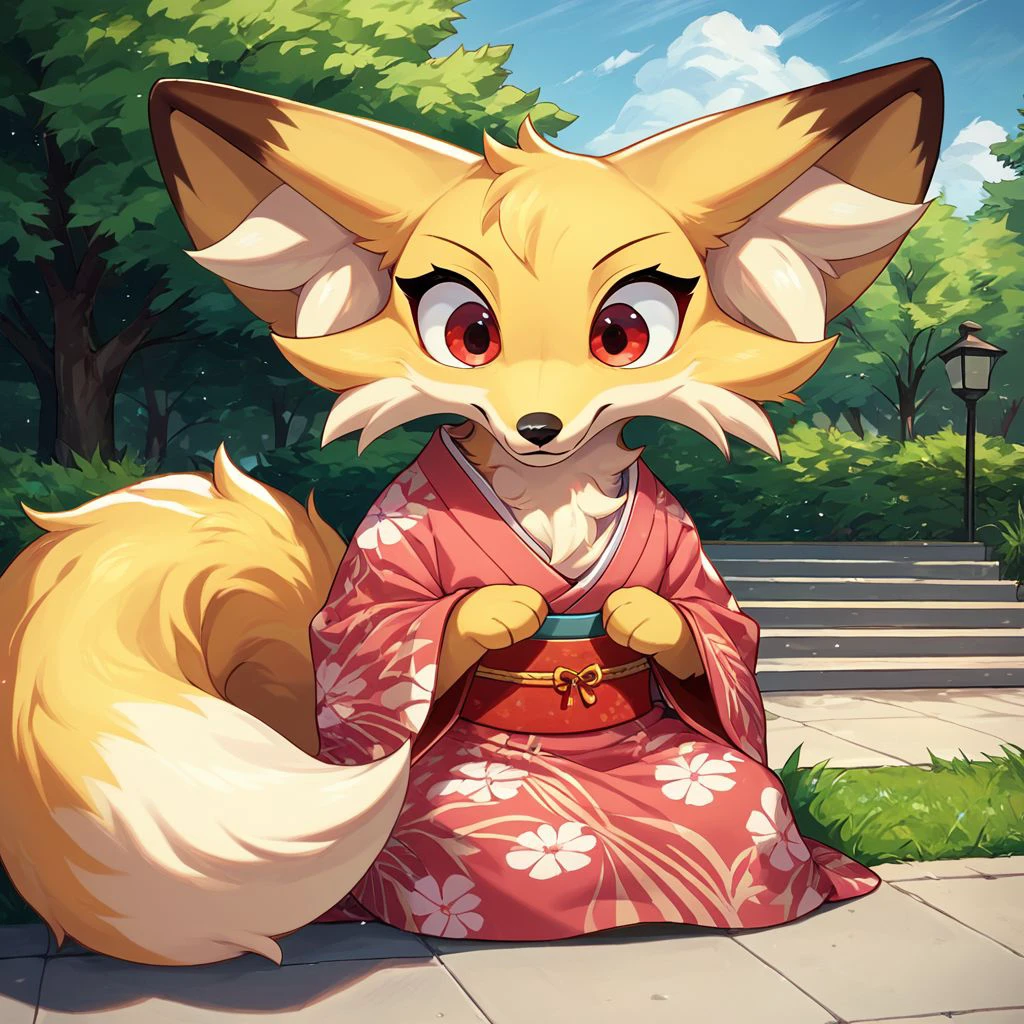 anthro, solo, feral, female, canid, fox, red_eyed_fox, yellow fur, clothes, sitting, wearing pink kimonos, fluffy fur, big red eyes, big fox tail, big fox ears, at park, score_9_up, score_8_up, score_7_up, source_anime