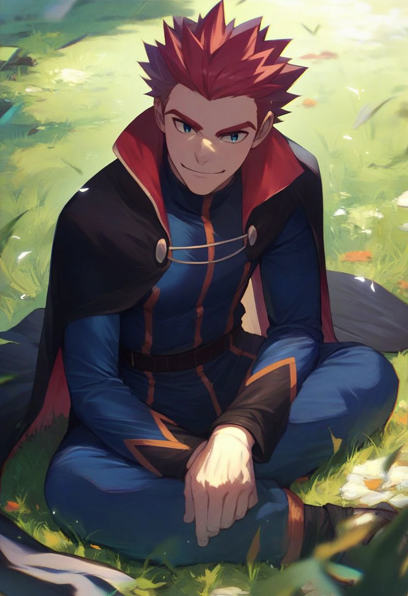 score_9,score_8_up,score_7_up,score_6_up,score_5_up,score_4_up, solo, 1boy, male focus, red hair, spiked hair, , blue bodysuit, long sleeves, black cape, smile, sitting, grass, outdoors