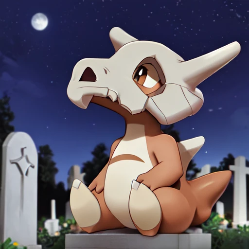 solo, pokemon (creature),( cubone:1.2), no humans, skull, claws,( bone:0.5), blurry background, cemetery, night, sitting, focus on face, portrait,<lora:Cubone_-_Pokemon:1>