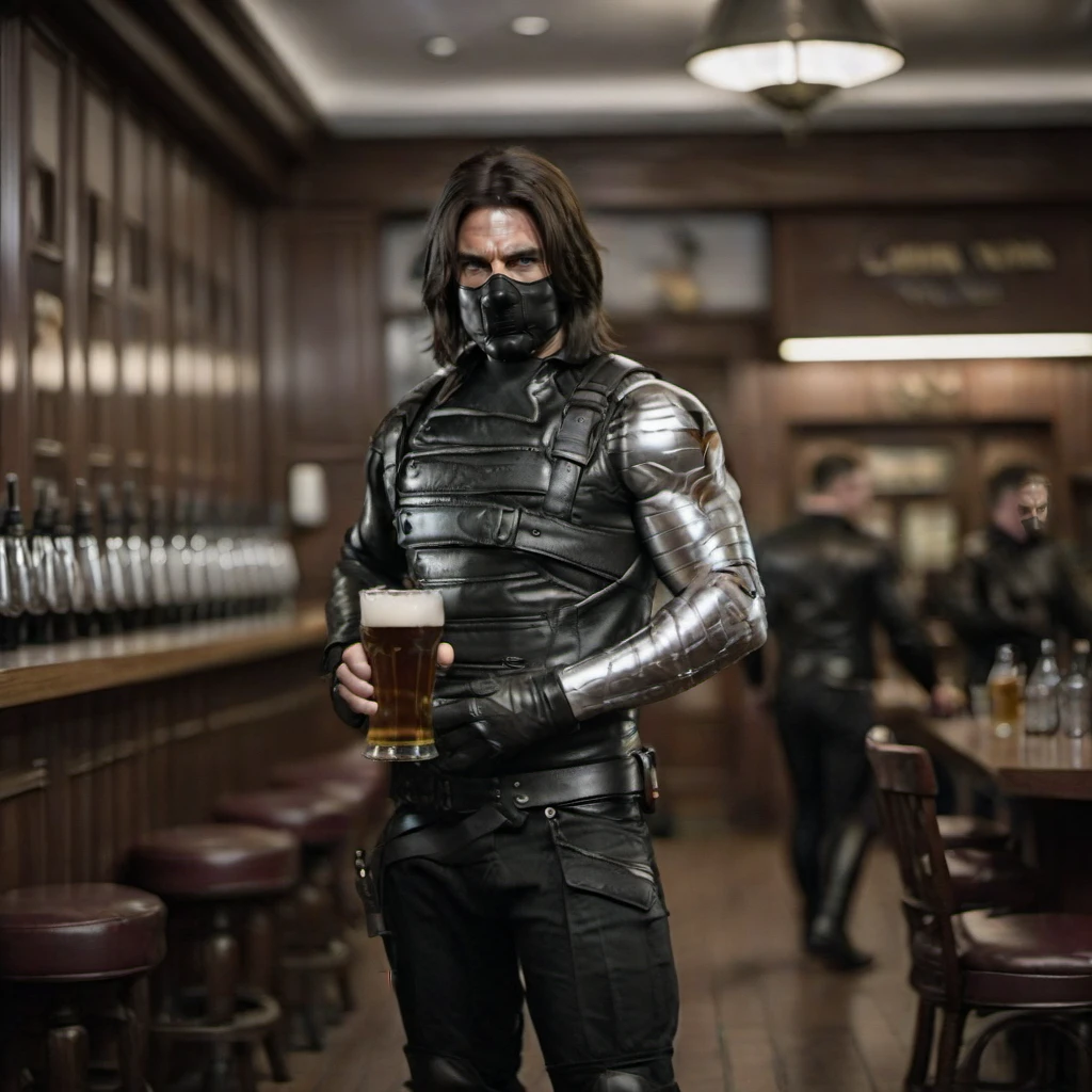 cinematic photo a full body tom cruise with a metalic arm and black leather gloves having a beer in a pub<lora:WinterSoldier1024:0.8> . 35mm photograph, film, bokeh, professional, 4k, highly detailed