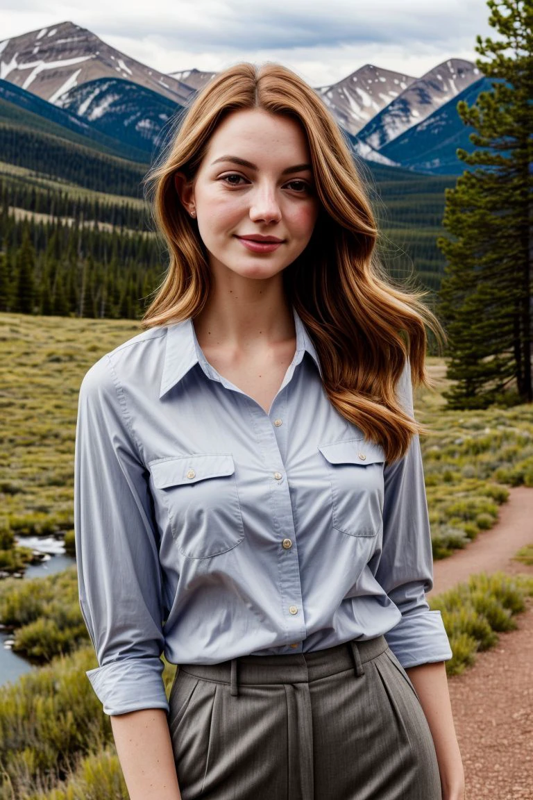 European woman, closeup, (shirt), pants, (rocky mountain national park), (), ZM_lydia, wide shoulders, perfect face, (contact iris: 1.1), pale skin, skin pores , depth of field