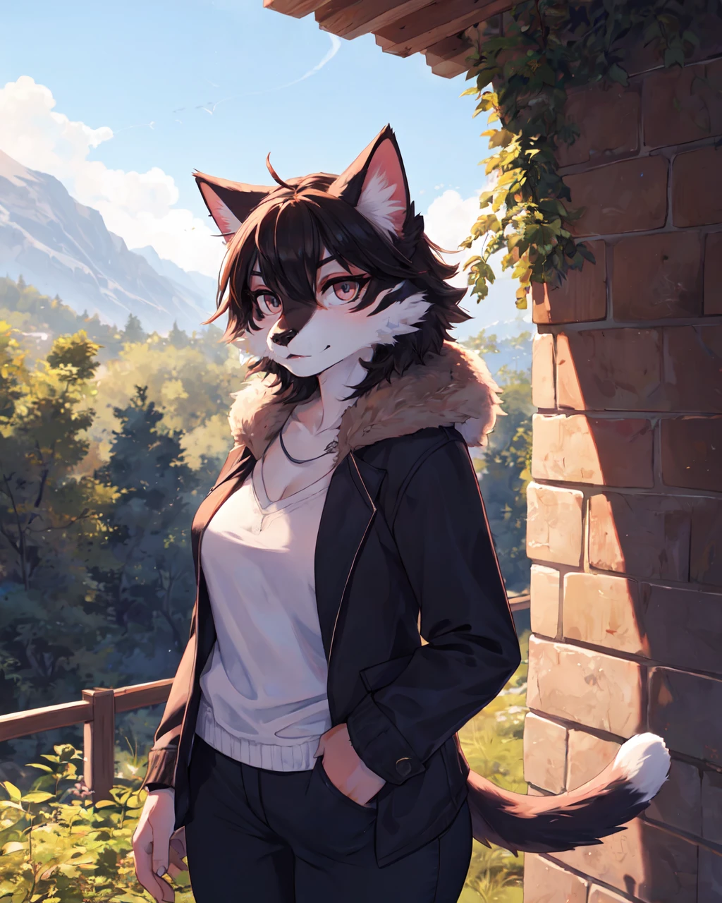 1girl, solo, masterpiece, body fur, fluffy, furry, clothes, outfit, outdoors, scenery, medium shot, cat anthro, breasts