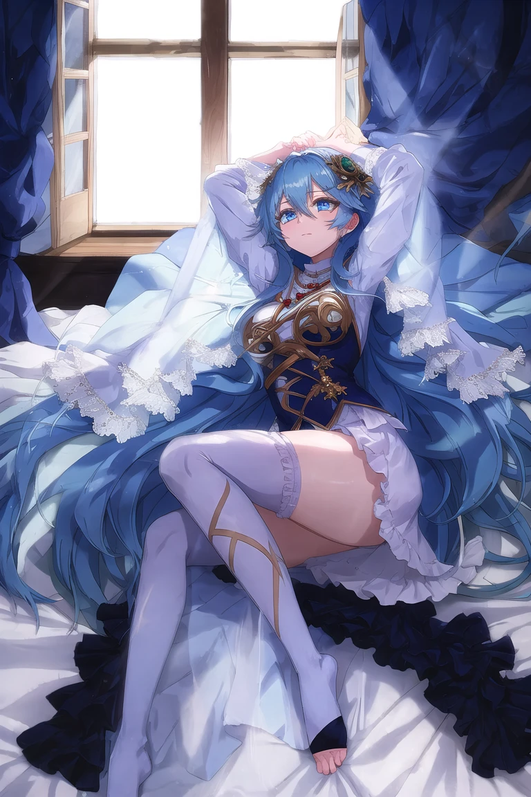 masterpiece,BEST QUALITY,godwu1,indorrs,bed sheet,window,light through window,LYING,ARMS UP,<lora:godwu:0.9>,blue eyes,blue hair,long hair,hair ornament,legwear,very long hair,long sleeves,bangs,jewelry,frills,veil,hair between eyes,