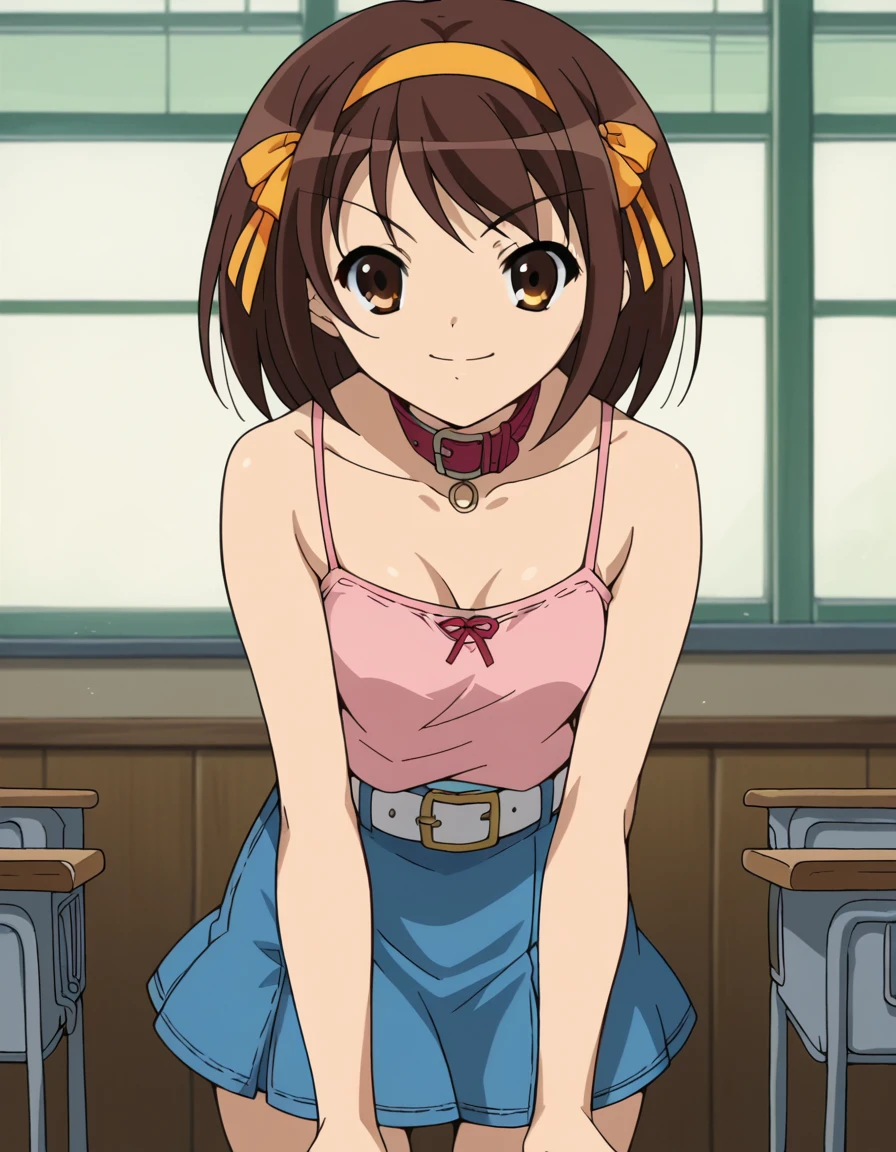score_9, score_8_up, score_7_up, source_anime,
haruhisuzumiya, <lora:haruhi-suzumiya-s1-ponyxl-lora-nochekaiser:1>,
haruhi suzumiya, short hair, brown hair, brown eyes, hairband, medium hair, ribbon, hair ribbon,
skirt, casual, camisole, pink camisole, bare shoulders, collar bone, belt, white belt, skirt, denim skirt, short skirt,
indoors, classroom, bent over, smile,
looking at viewer, cowboy shot, solo,