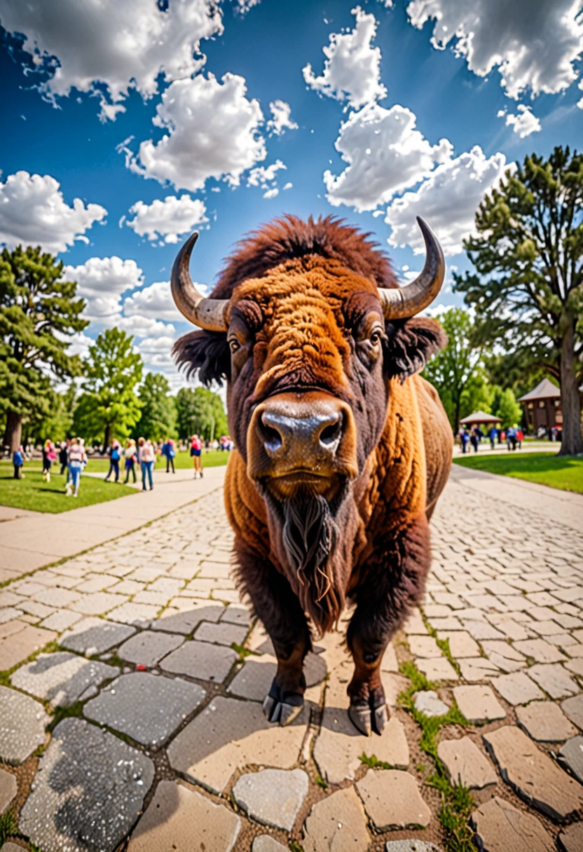 a bison takes a selfie in celestial city park, in the style of fisheye effects, funny mood, strong facial expression, wimmelbilder, tilt shift,