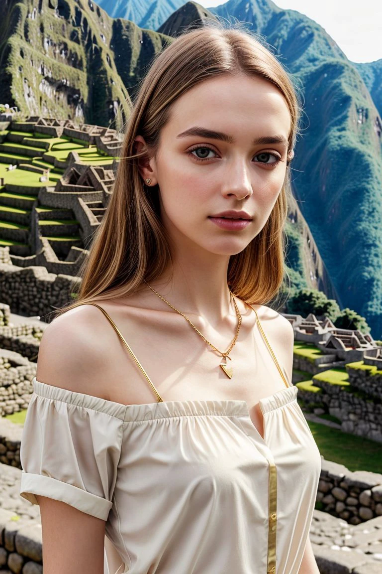 Flamme, (young Lena Headey:Evangeline Lilly), A 14-year-old woman with blond hair, intense blue eyes, sideburns, one large braid, a gold necklace with a ruby pendant, dressed in a white Greek tunic and Roman sandals, with gold bracelets on her arms, forest in the background, masterpiece, hyperdetailed,((1girl)) ,bangs,braided ponytail,single braid, blond hair,very long hair,sidelocks,red earrings,hair over one eye, a satire god pan behind her