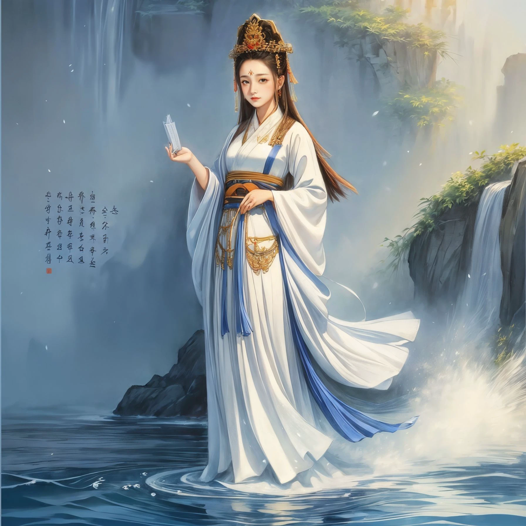 ((best quality)), ((masterpiece)),
((tangka,1girl)),water,hanfu,dress,chinese clothes,(chinese text,  text focus,wall of text),
<lora:bguanyinv5:0.489>,
<lora:add_detail:0.512>, <lora:yuzuv10:0.3>,