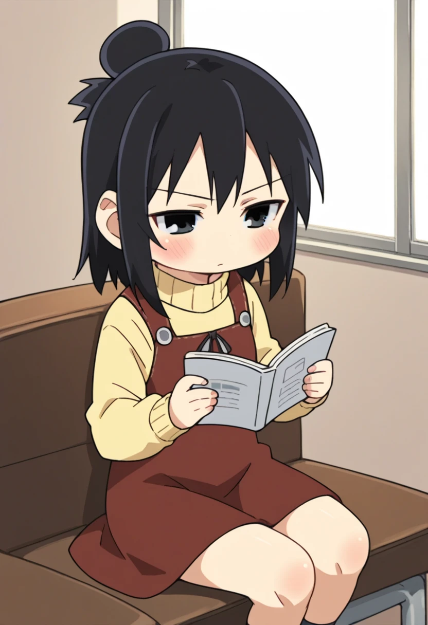 score_9, score_8_up, score_8, source_anime, 1girl, solo, chibi, <lora:HitohaMarui:0.9> , black eyes, black hair, hair bun, yellow sweater, turtleneck, blush, red dress, sitting, reading,
room background, simple background,