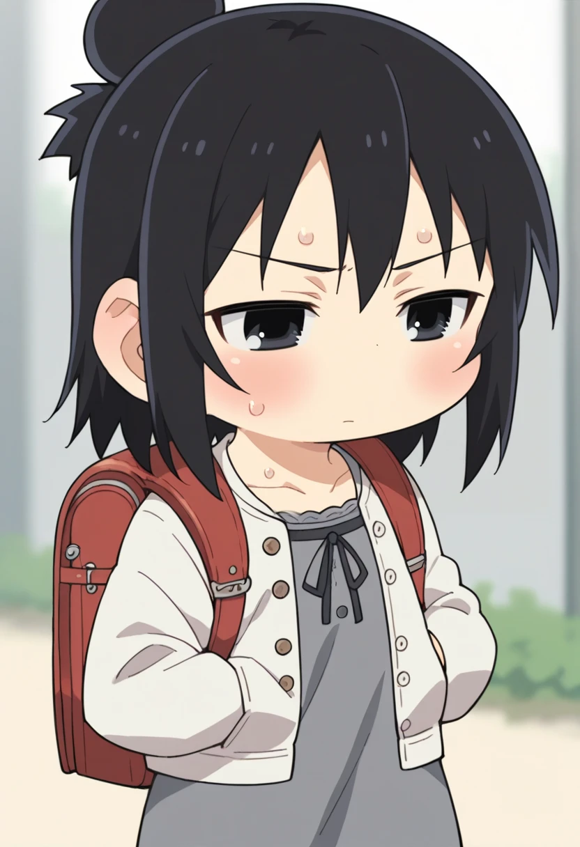 score_9, score_8_up, score_8, source_anime, 1girl, solo, chibi, <lora:HitohaMarui:0.9> , black eyes, black hair, hair bun, white coat, gray dress, backpack, randoseru, blush, sweat drops, jitome,
simple background, blurry background,