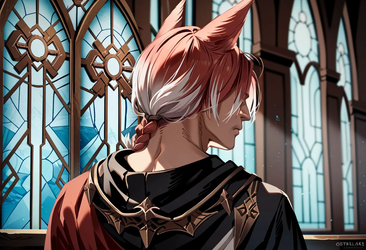 crystalexarchdskffxiv, 1boy, male focus, animal ears, solo, miqo'te, red hair, cat ears, multicolored hair, hood down, short hair, hood, upper body, hooded robe, crystal, from behind, black robe, braid,  white hair, two-tone hair, hand up, stained glass, portrait, robe, single braid, from side, short ponytail, braided ponytail, realistic, PonyXLV6_Scores zPDXL