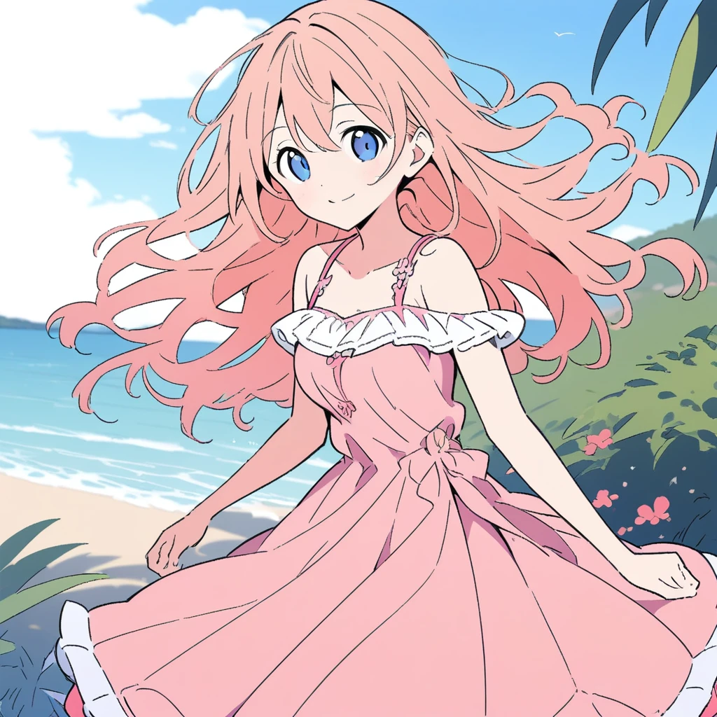 1girl, solo, smile, pink dress, frills, outdoors, summer