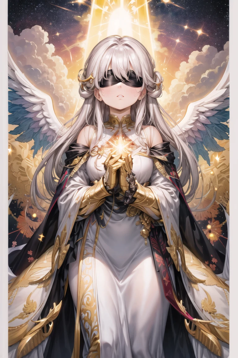 (masterpiece, top quality, best quality, official art, beautiful and aesthetic:1.2), (fractal art:1.3), (1girl), angel, (blindfold), very long hair, absurdly detailed clothes, in the sky, detailed cloud, sunny day, (colorful:1.2), highest detailed, cinematic light, (magical portal), holy light, (golden particles), (light beams),
<lora:urushihara_satoshi-10:1.0:lbw=ALL>