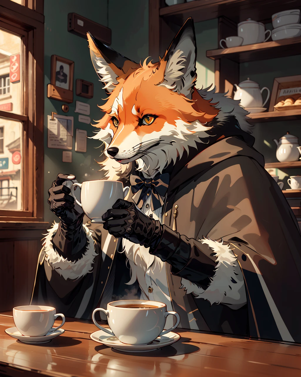 best quality,masterpiece,highly detailed,ultra-detailed, 
fox  shiry, cloak,off hood,  at cafe afernoon tea,mug,fur gloves,food,bowtie, fur trim, 
 <lora:neg9V2_last:0.5>  
 <lora:furrytale:1>  furry