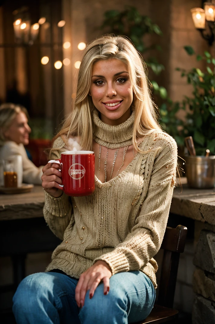 tv_Heather_Rae_Young_TV, , , wearing a cozy knitted sweater, sitting in a café, holding a steaming mug with both hands, happy expression,, 8k resolution, highres, high detail, sharp focus, detailed skin, 8k uhd, bokeh, analog photography