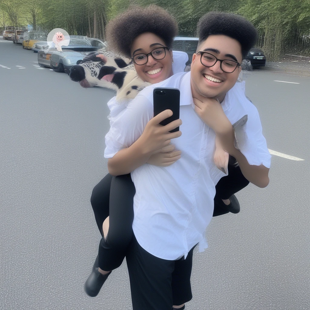 holding phone, standing, looking at viewer, piggyback, smile, fake screenshot, white shirt, black footwear, glasses, holding animal, 1girl, reference inset